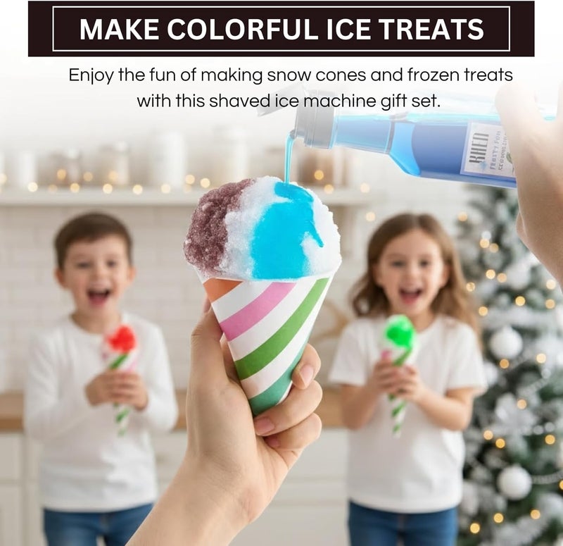 Khen Snow Cone Machine Gift Set, Electric Shaved Ice Maker Kit & 5 Syrup Flavors - With 25 Cone Cups, 25 Straws & 4 Ice Molds, Frozen Dessert Maker, Kids Adults & Parties, Birthday, Hawaiin Slushie Machine - Image 3